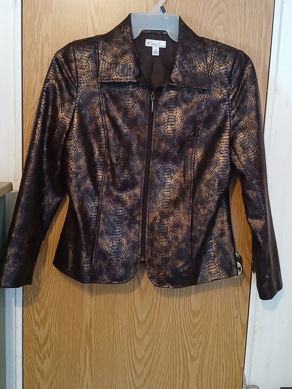 Kim Rodgers Metallic Bronze and Black Snake-Print Zippered Jacket Size Small Y2K